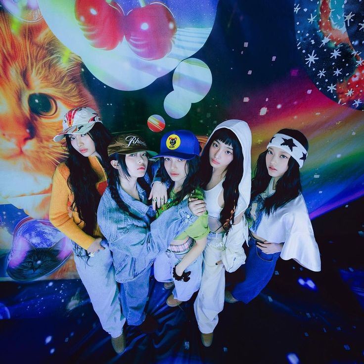 Five women in light outfits with a cosmic background featuring an orange cat, planets, and rainbow colors