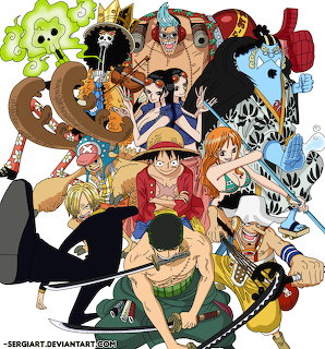 Anime illustration of One Piece characters grouped together in colorful fan art style