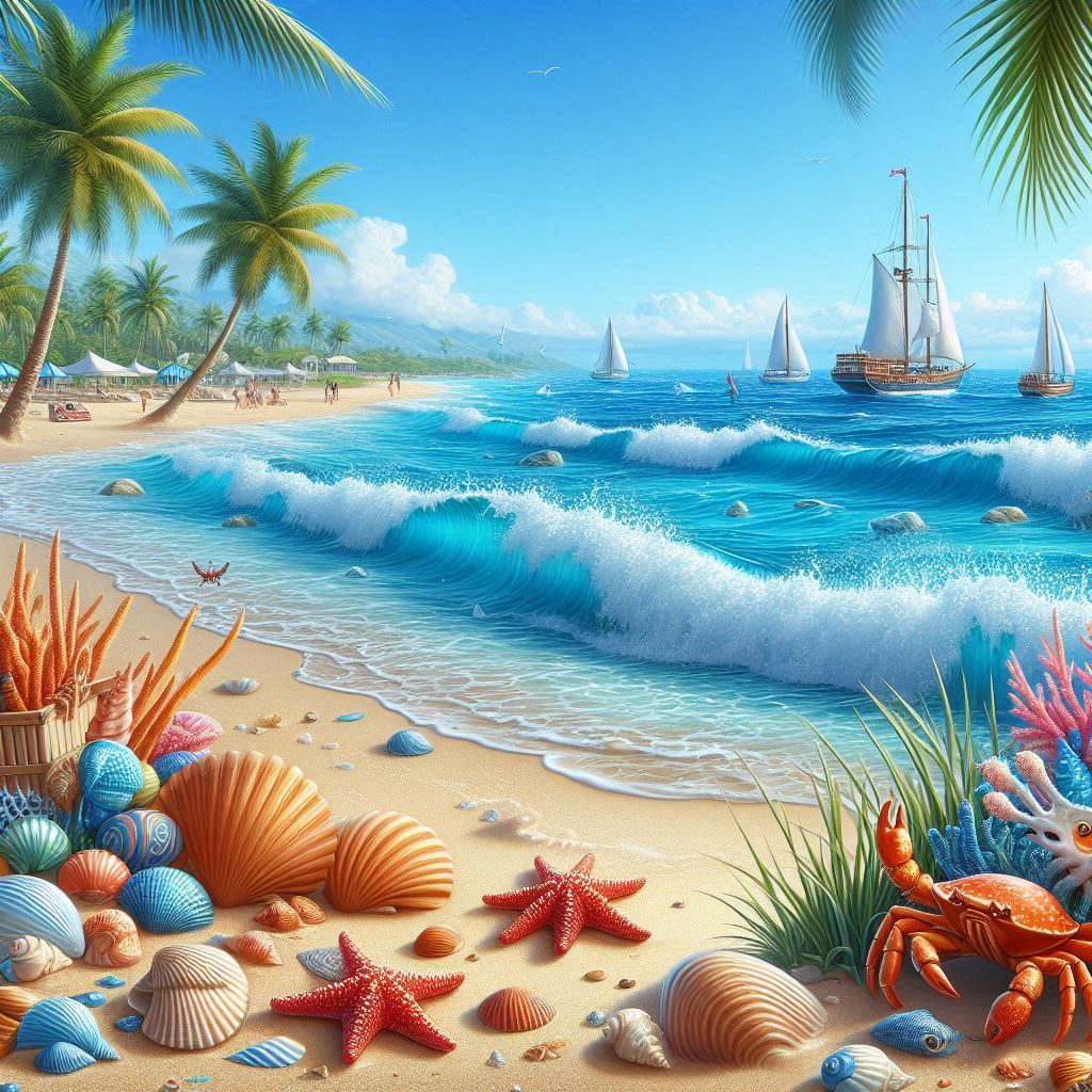 Tropical beach with waves, palm trees, shells, starfish, and sailboats
