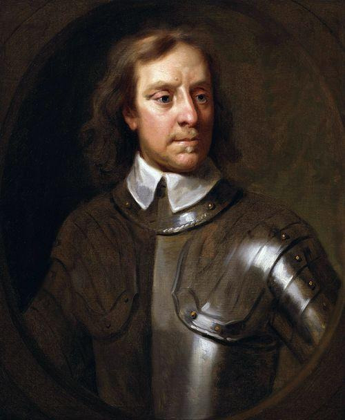 Portrait painting of Oliver Cromwell wearing armor and white collar on dark background
