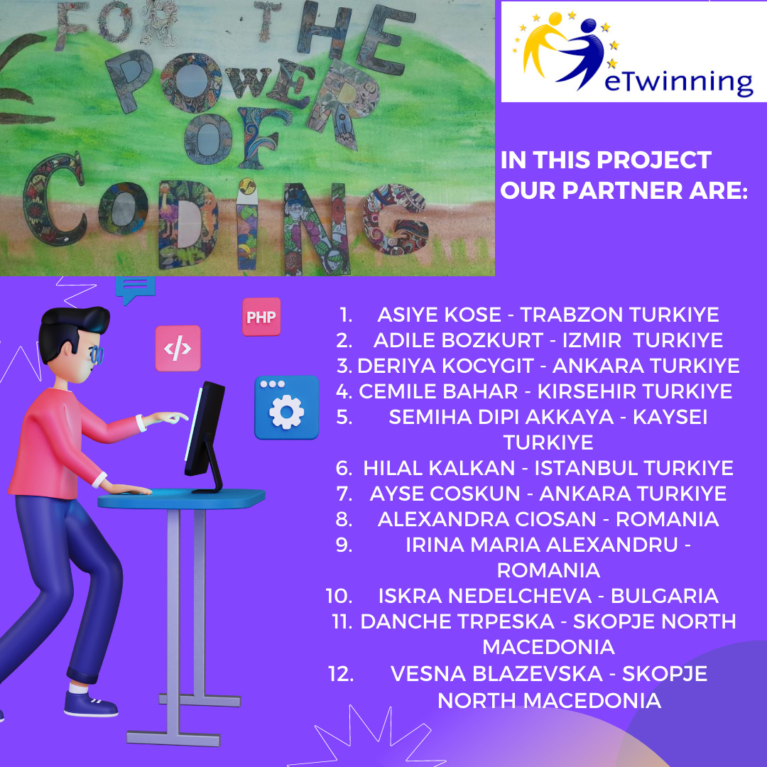 Colorful kids coding poster with a cartoon boy using a computer and project partner list