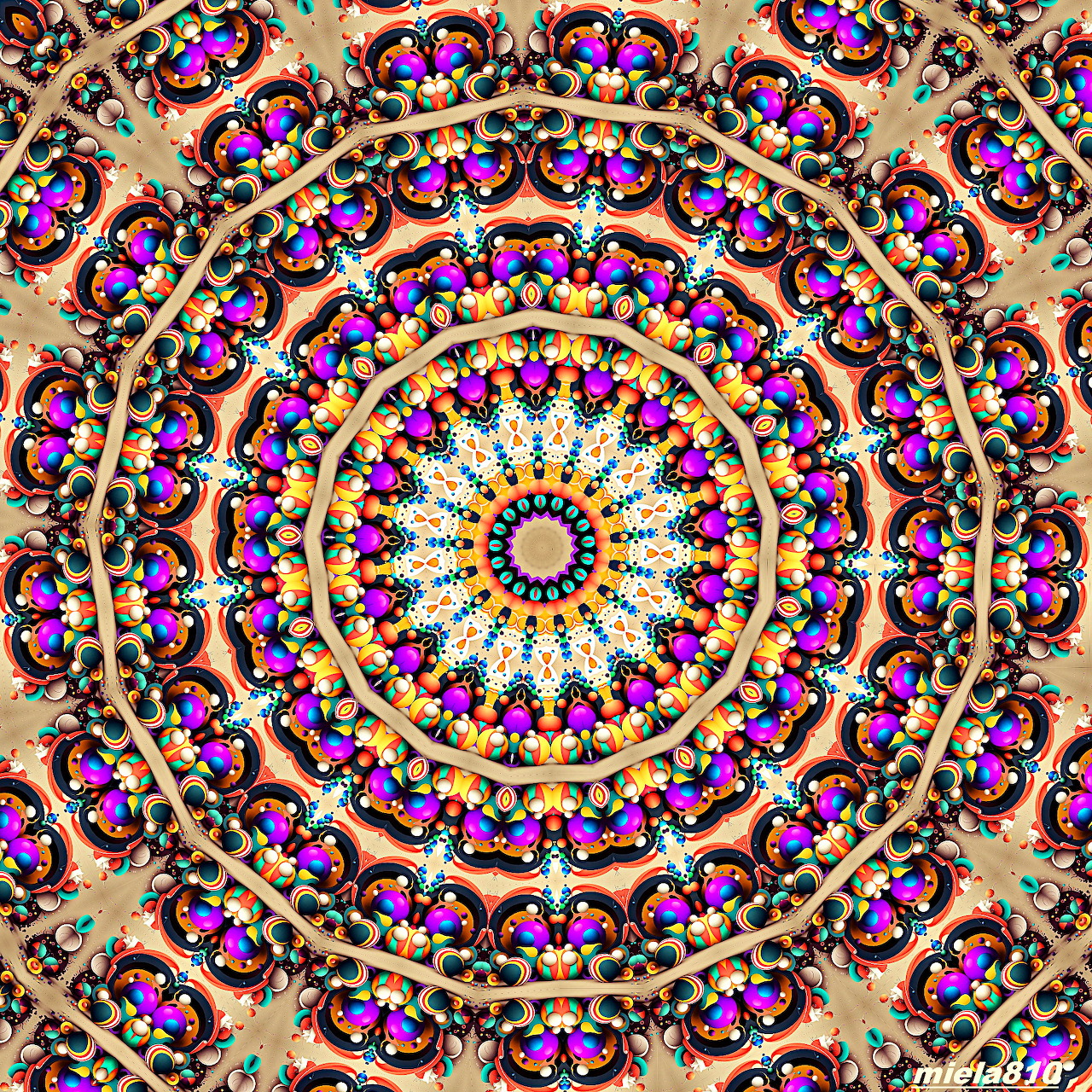 Ornate mandala with vibrant floral patterns and decorative motifs in pink, purple, orange, and teal hues