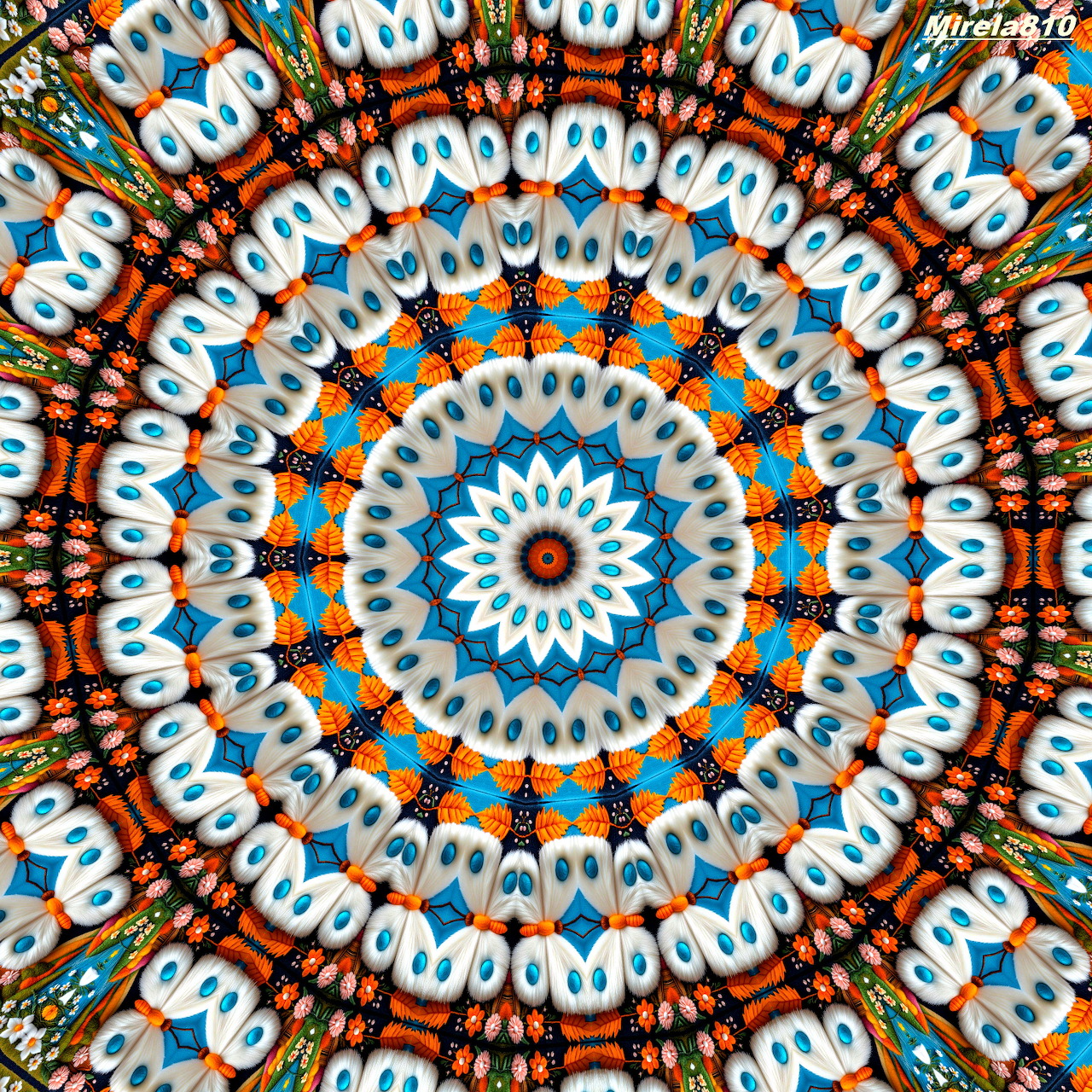 Detailed symmetrical mandala with blue and orange geometric patterns in concentric circles