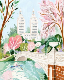 Painted park scene with white bridge, pink cherry blossoms, green water, and tall buildings under blue sky