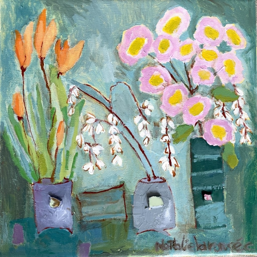Impressionist still life painting of three vases with colorful flowers including orange tulips and pink blossoms