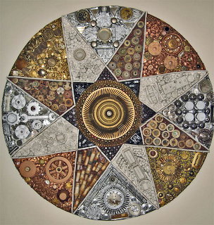 Circular mandala with triangular segments containing steampunk gears and mechanical parts in metallic colors