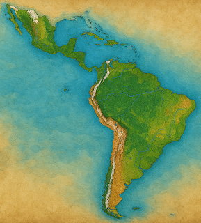 Illustrated map of Latin America showing Central and South America with terrain relief and ocean