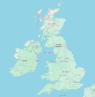 Map of United Kingdom and Ireland showing countries, cities, and coastal regions