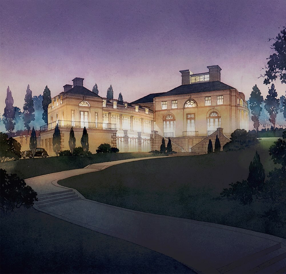 Large elegant mansion lit up at dusk with purple sky and landscaped grounds