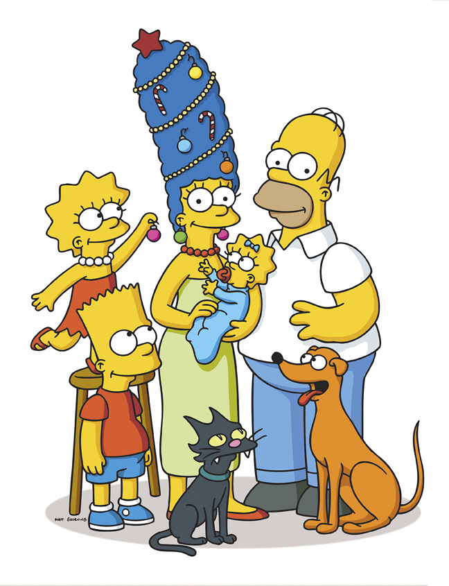 The Simpsons family of five with their cat and dog on white background