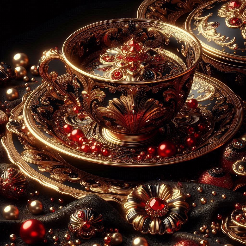 Ornate gold and jeweled decorative cup with pearls and floral embellishments on matching saucer