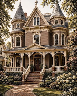 Pink Victorian mansion with conical turrets, white trim, front porch, stairs, and flowering hydrangeas in garden