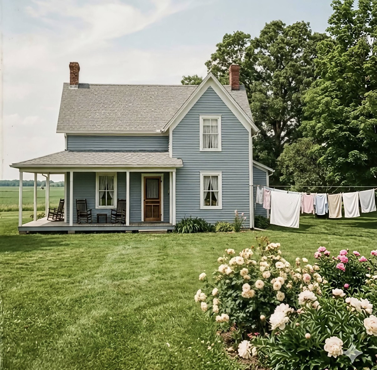 Blue farmhouse with porch, clothesline, large tree, and flower garden on a grassy lawn