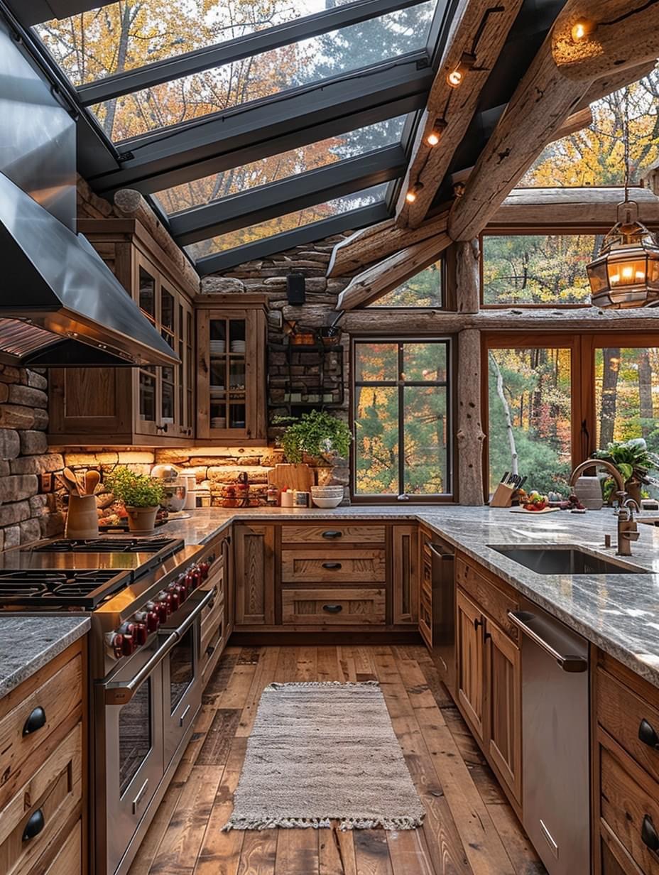 Rustic kitchen with wooden beams, glass ceiling, and marble counters surrounded by windows showing fall foliage