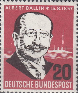 Vintage Deutsche Bundespost stamp with portrait of Albert Ballin and ship silhouette