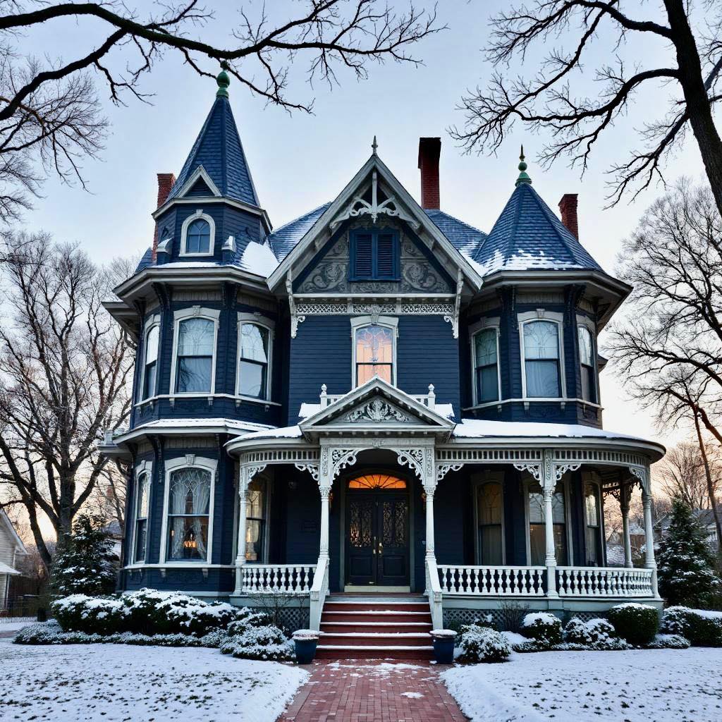 Blue Victorian mansion with white trim and turrets in snowy winter setting