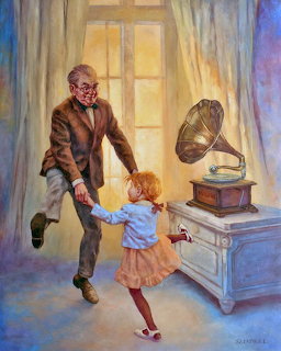 Elderly man dancing with young girl in sunlit room beside vintage gramophone