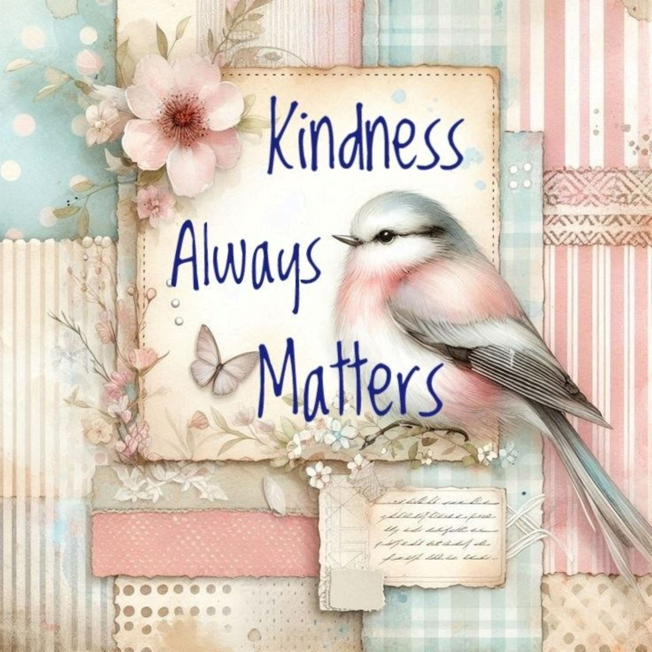 Kindness Always Matters quote card with bird and flowers on pastel background