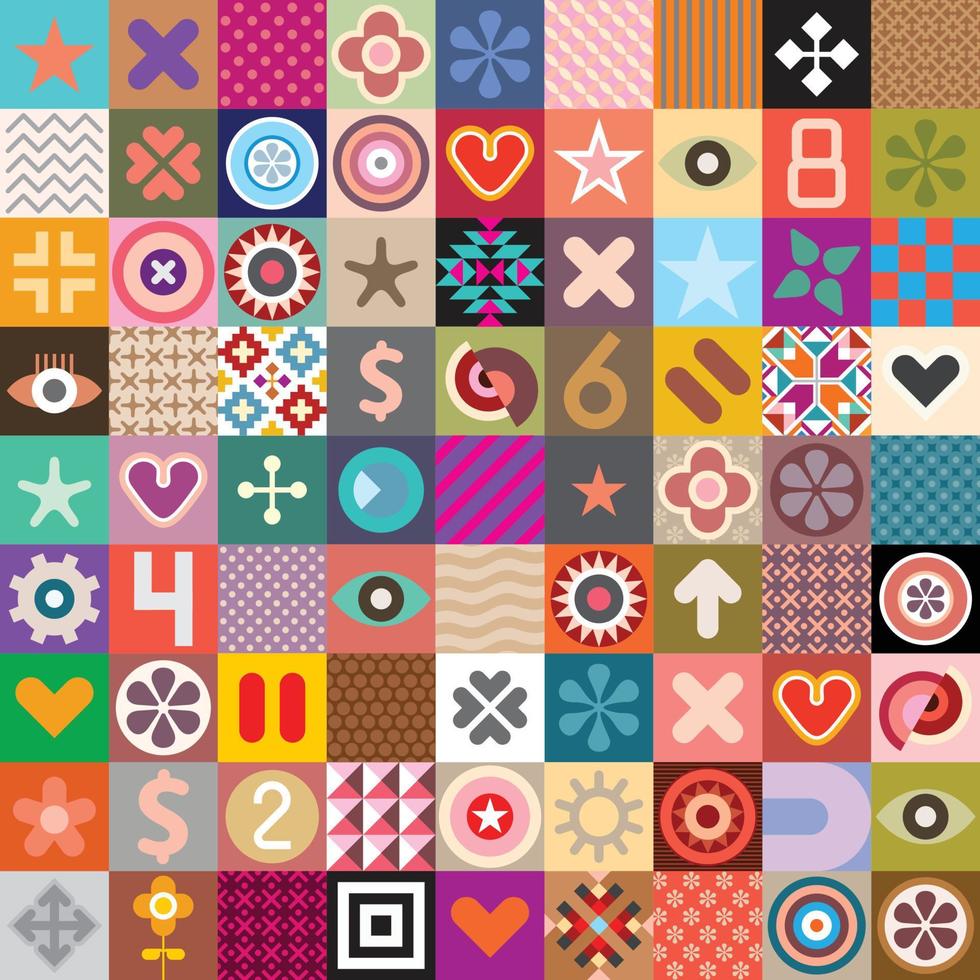Colorful patchwork grid with geometric patterns, flowers, stars, numbers, and abstract shapes in retro design
