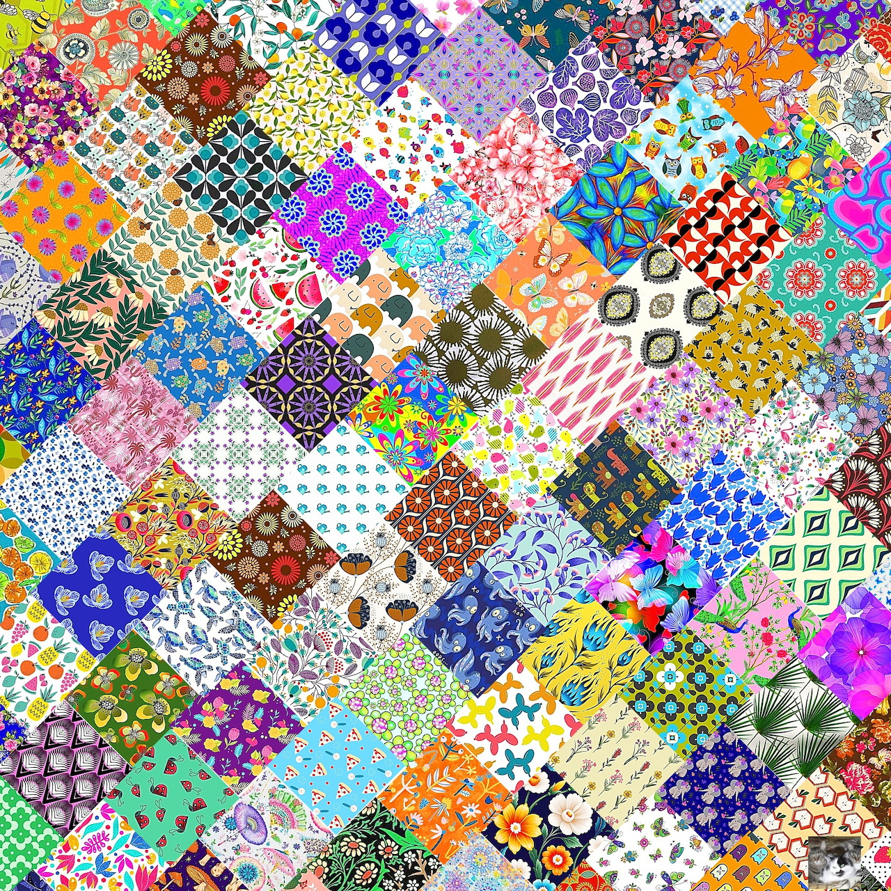 Colorful patchwork quilt with various geometric and floral patterns in a grid layout
