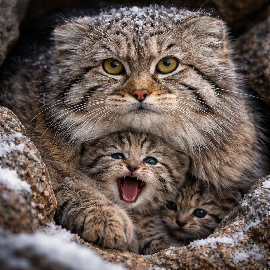 Pallas's cat with two kittens huddled in rocky den, showing thick fur and expressive faces