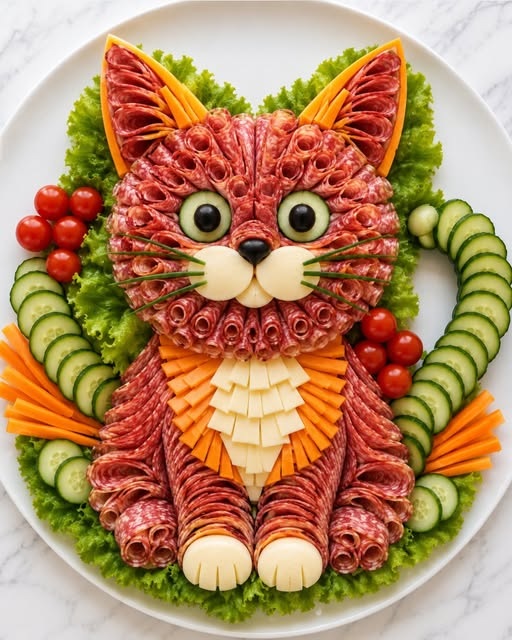 Cat-shaped food arrangement made with deli meat, cucumbers, carrots, lettuce, and cherry tomatoes