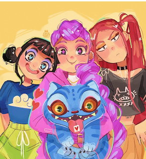 Three cartoon girls with a vibrant blue and pink creature character in front, bright colors and playful expressions