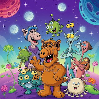 Cartoon Alf character with group of colorful alien friends against purple starry sky background