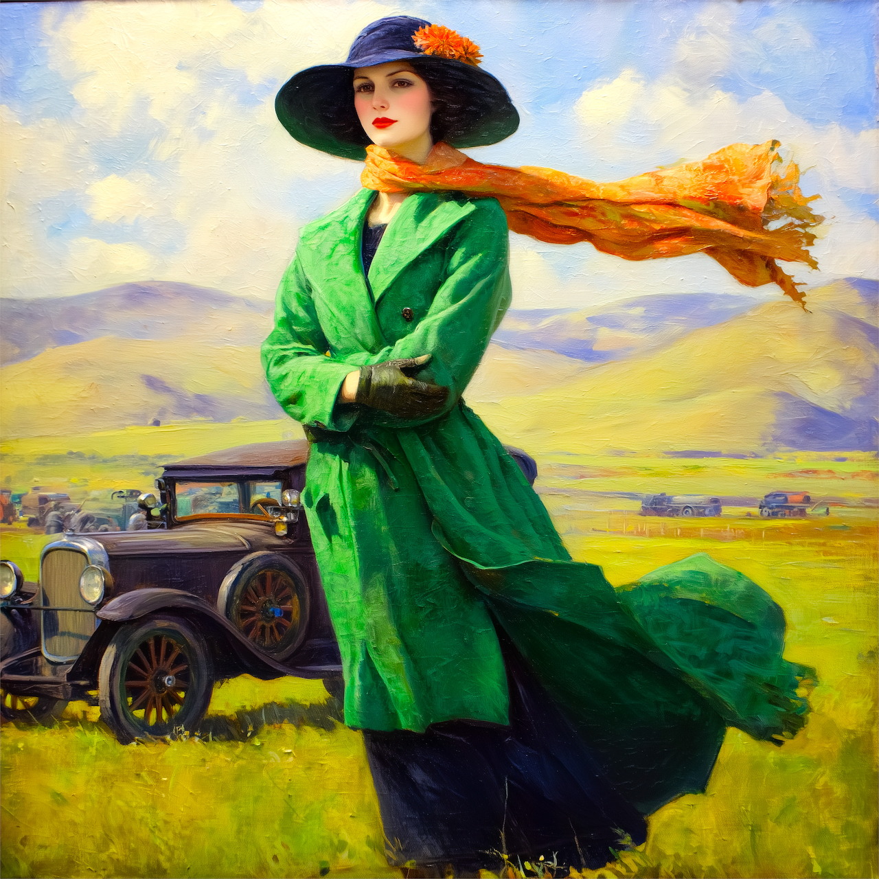 Woman in emerald green coat and black hat with orange scarf by vintage car in golden field under blue sky