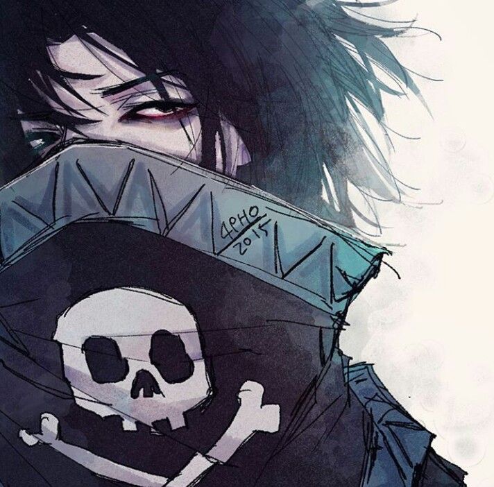 Anime portrait of Feitan Portor with dark hair, red eyes, and a skull emblem on his raised collar