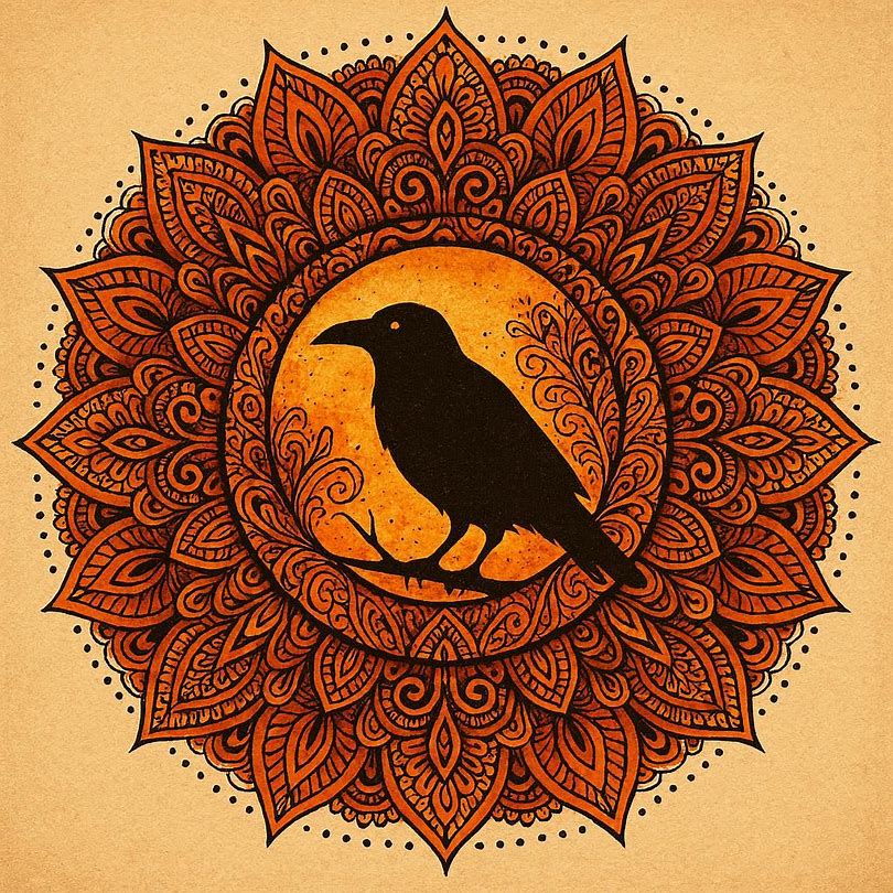 Black crow silhouette in center of ornate mandala with autumn orange and brown tones