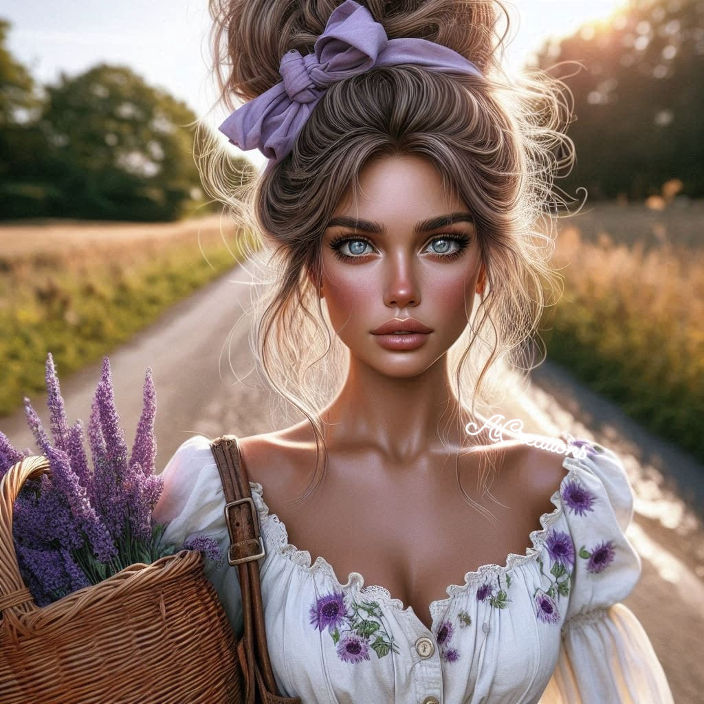 Woman with updo hairstyle and purple bow holding basket of lavender in field at sunset