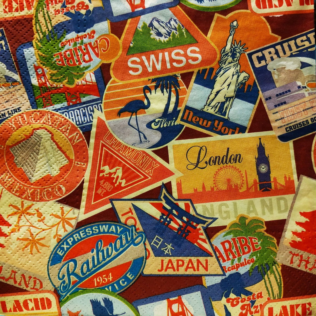 Overlapping vintage travel luggage labels and stickers in vibrant colors featuring various international destinations