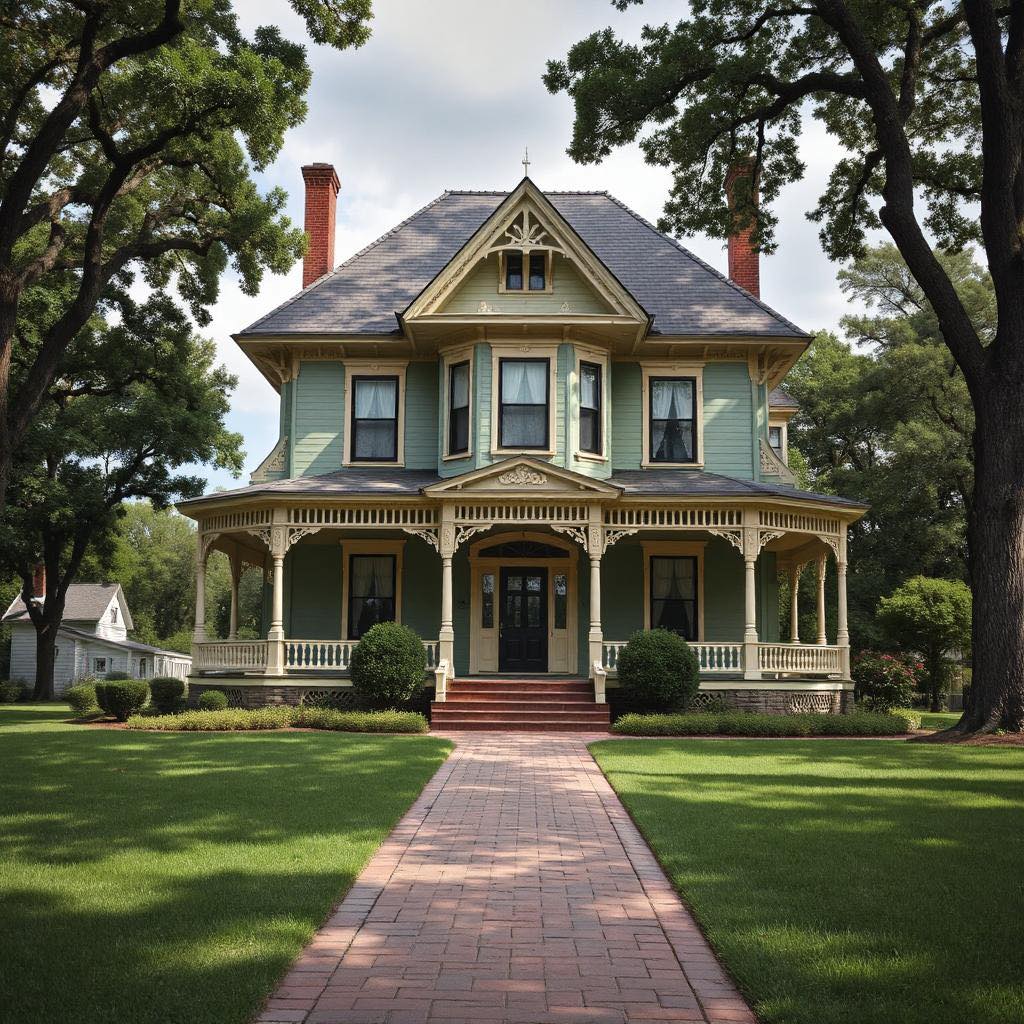 Victorian mansion with wraparound porch, ornate trim, brick walkway, surrounded by trees and green lawn