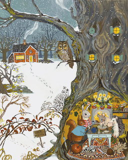 Folk art winter scene with tree hollow burrow, woodland animals, owl, and snow-covered cabin in background