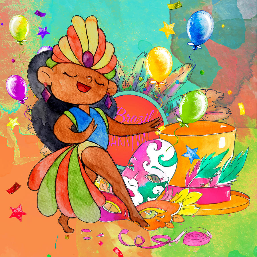 Colorful cartoon carnival dancer with feathers, balloons, confetti, and a drum