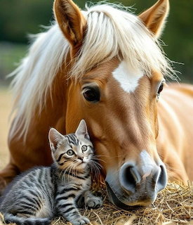 Palomino horse with white mane next to gray striped kitten on hay