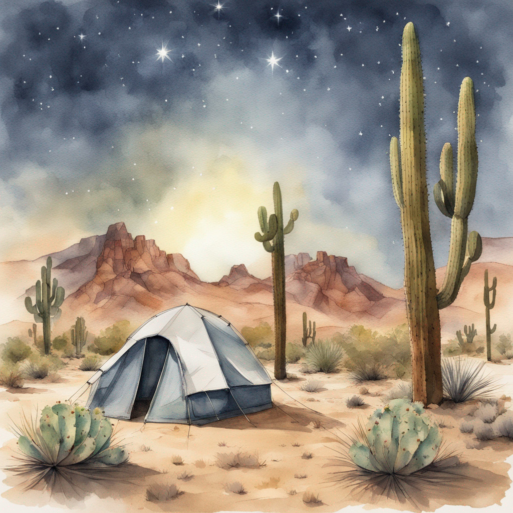 Tent camping in desert with cacti and mountains under starry sky at dusk
