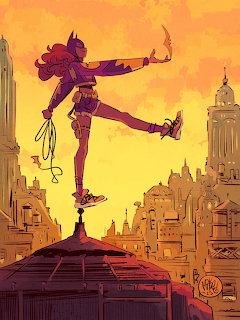 Stylized woman balancing on a rooftop over a city skyline at sunset