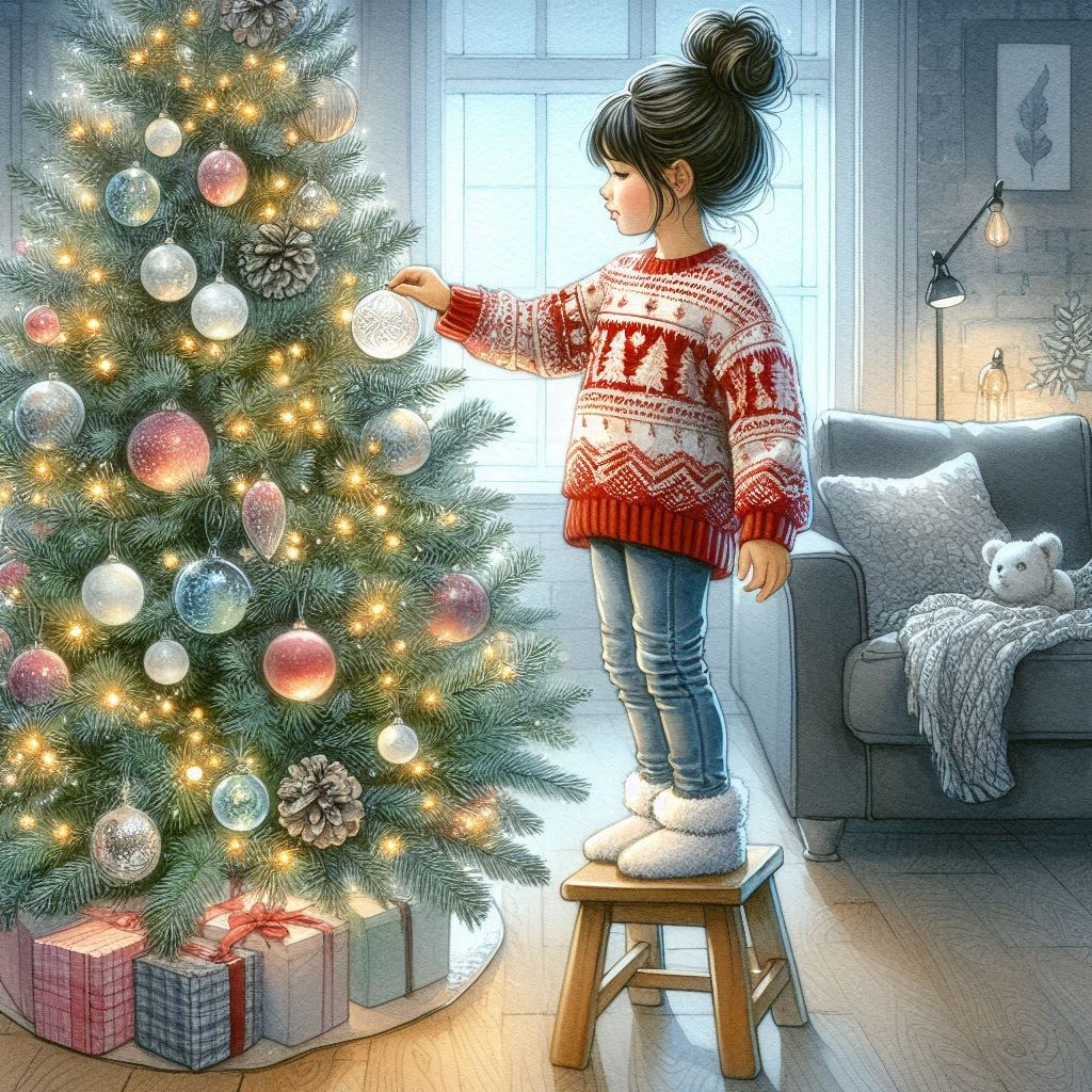 Young girl on a stool decorating a lit Christmas tree in a cozy living room