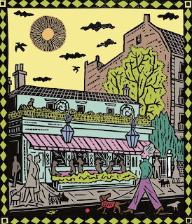 Illustration of a cafe street scene with bats, a bare tree, and pedestrians under a yellow sky