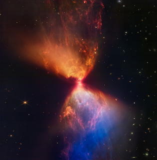 Bright protostar with orange and blue nebula clouds radiating outward in space