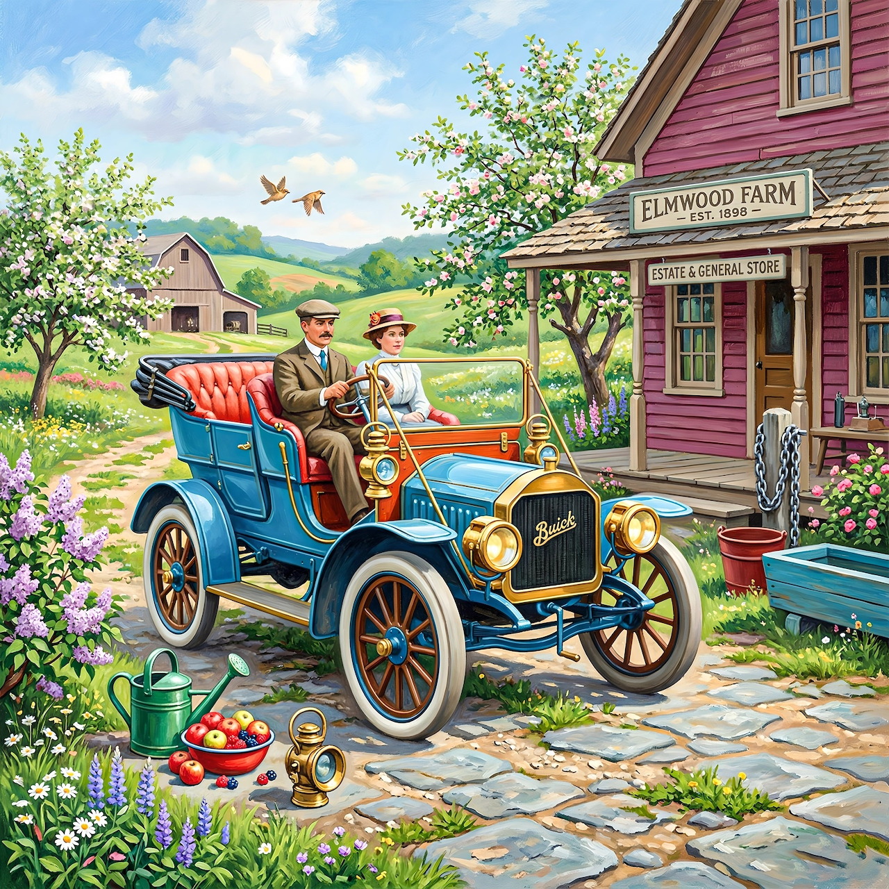 Couple in vintage blue car at pink farm store with spring garden and countryside backdrop