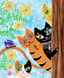 Whimsical painting of orange and black cats peeking from behind a tree with yellow flowers and butterfly