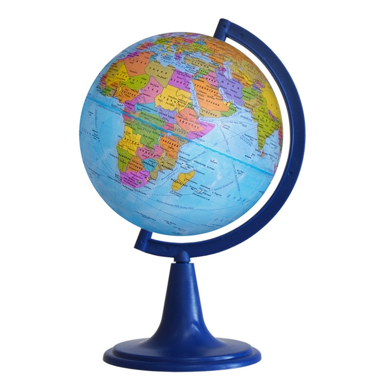 Colorful world globe on a blue stand against a white background