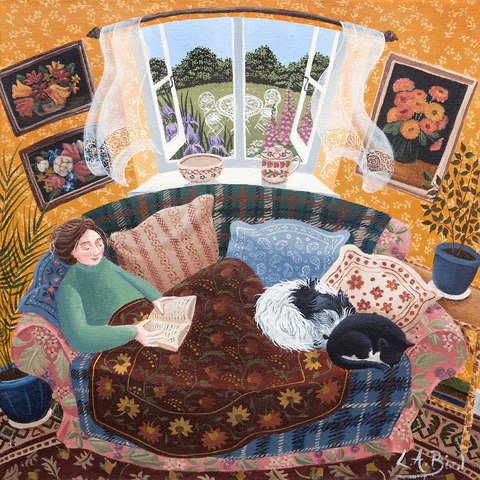 Folk art painting of a woman reading a book on a decorated sofa with two cats by a bright garden window