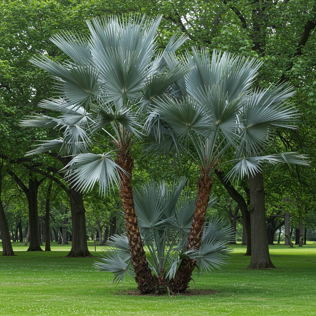 Silver-blue Bismarck palm trees growing on green grass in a park with trees in the background
