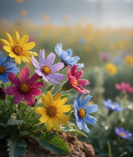Colorful wildflowers with dew drops including yellow, pink, blue and purple blooms in a misty garden