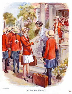 Vintage illustration of schoolgirls in red uniforms greeting each other outside a house with a suitcase