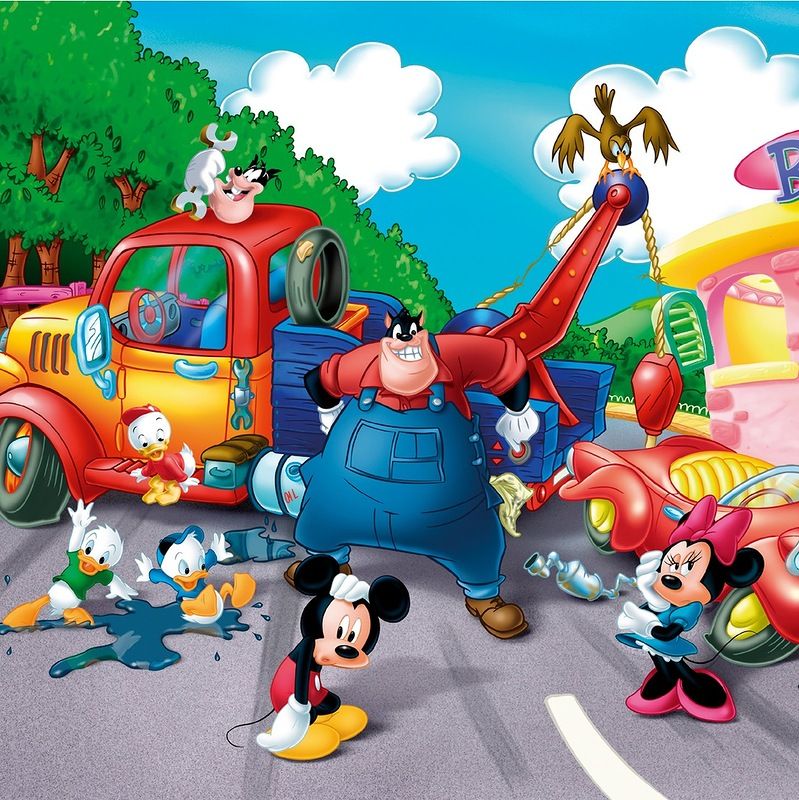 Colorful cartoon with Mickey, Minnie, Donald, Daisy, Pete, and a red tow truck on a road